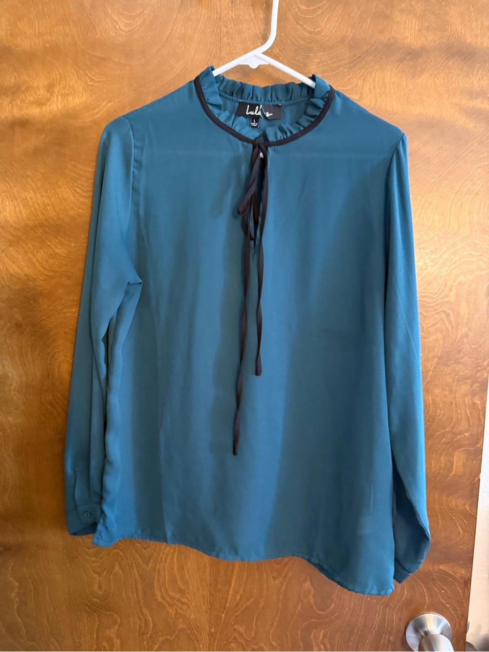 Lulu's Teal Tie-Neck Ruffle Collar Long Sleeve Blouse